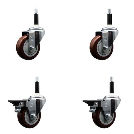 Service Caster 3.5'' Maroon Poly Wheel Swivel 7/8'' Expanding Stem Caster Set 2 Brakes, 4PK SCC-EX20S3514-PPUB-MRN-2-TLB-2-78